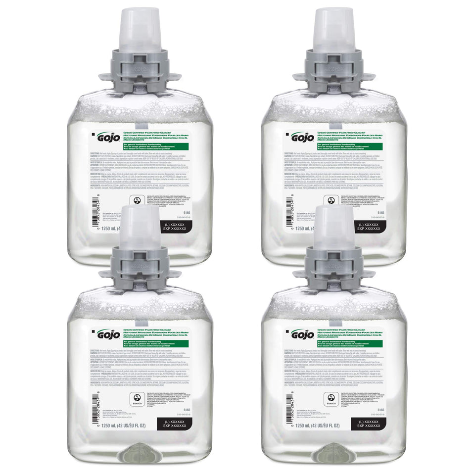 GOJO front packaging showing four 1250 mL refills and product branding benefit efficient stocking