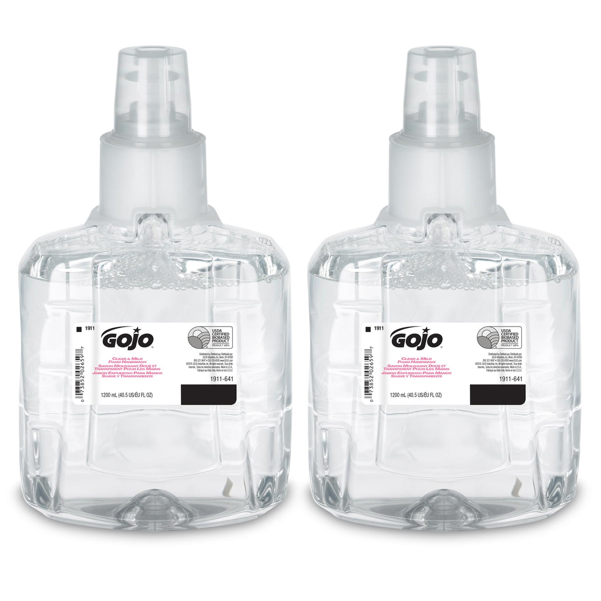GOJO front packaging of 1200 mL foam refill showing clear label and eco certifications for eco-conscious users