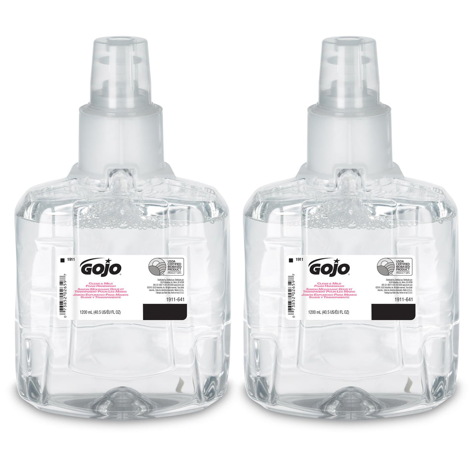 GOJO front packaging of 1200 mL foam refill showing clear label and eco certifications for eco-conscious users