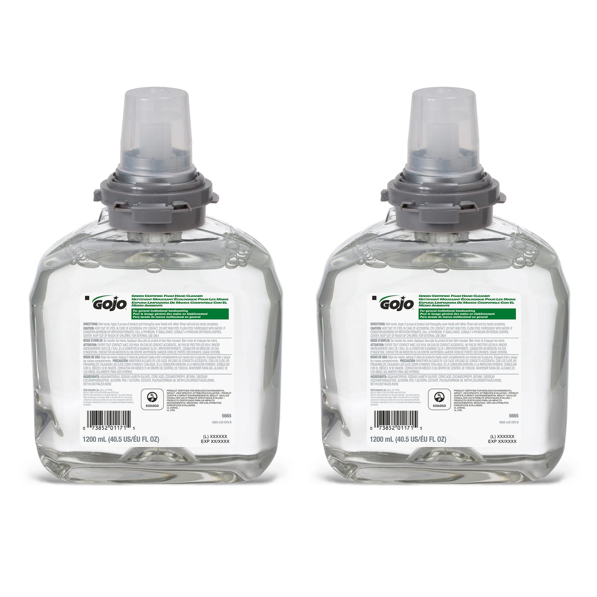 GOJO front packaging 1200 mL refill showing capacity and pack benefits