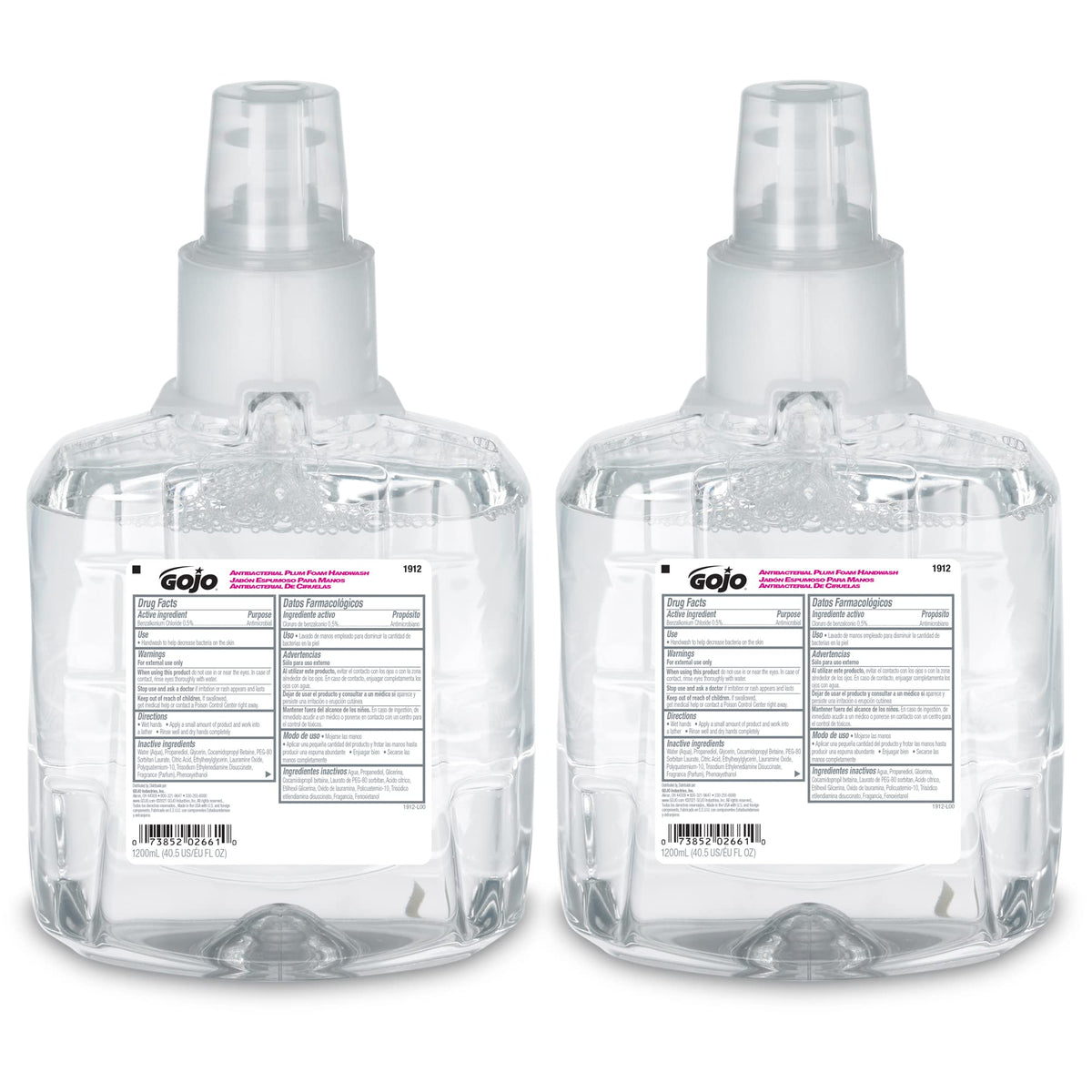 GOJO front packaging showing 1200 mL plum refill and visible fill level, promotes efficient restocking