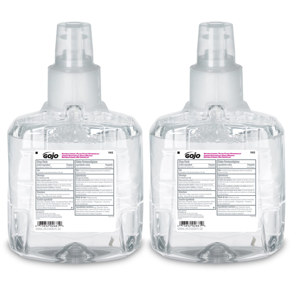 GOJO front packaging showing 1200 mL plum refill and visible fill level, promotes efficient restocking