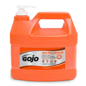 GOJO pumice front packaging showing label and one‑gallon pump benefits