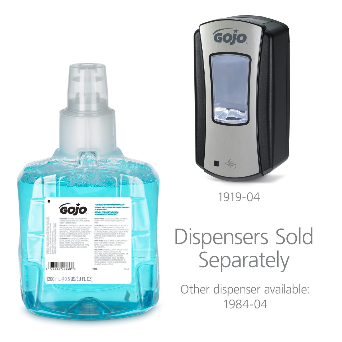 GOJO refill cartridge label detail showing compatibility and certification benefits