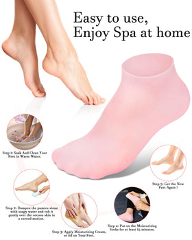 Golbylicc woman wearing moisturizing socks at home enjoying hands-free foot treatment