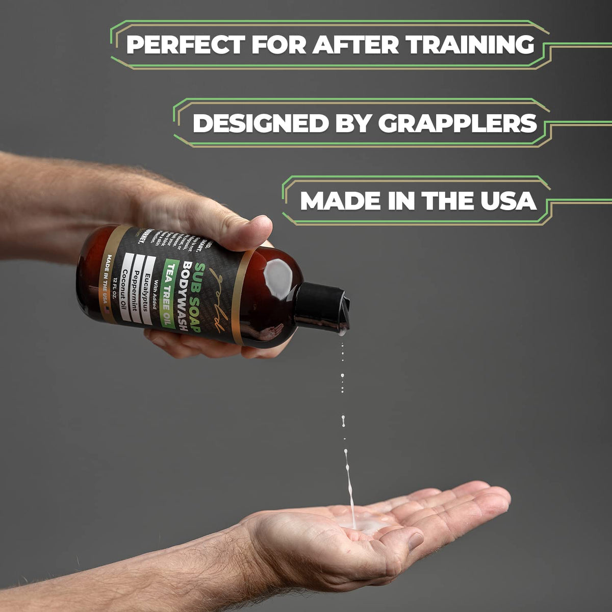 Gold BJJ label detail showing ingredients list and transparency about formulation