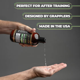 Gold BJJ label detail showing ingredients list and transparency about formulation