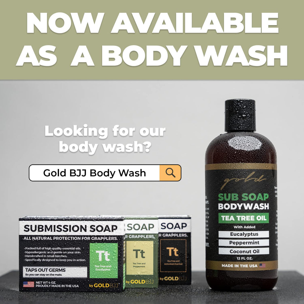 Gold BJJ label ingredients list showing tea tree and eucalyptus benefits