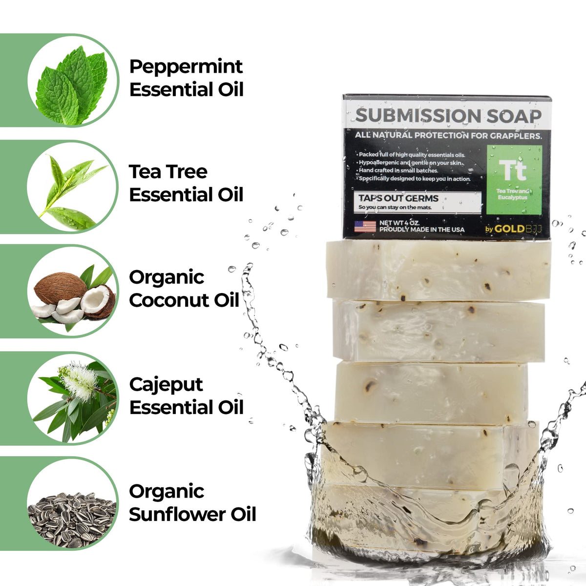 Gold BJJ peppermint tea tree bar lathered in hand for refreshing post-training wash