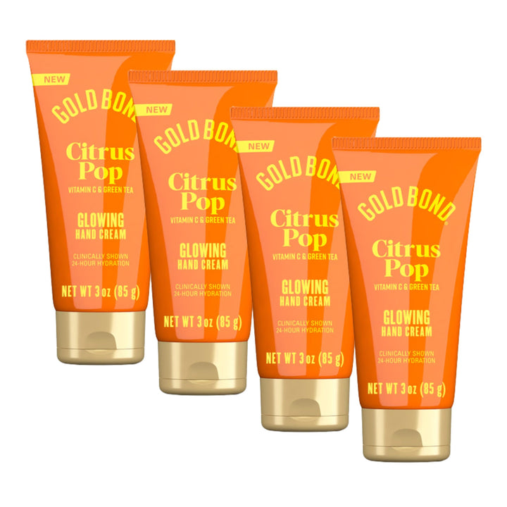 Gold Bond front packaging showing four 3 oz tubes and citrus scent benefit