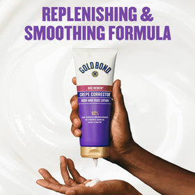 Gold Bond bottle staged on bath counter to suggest daily routine convenience and care