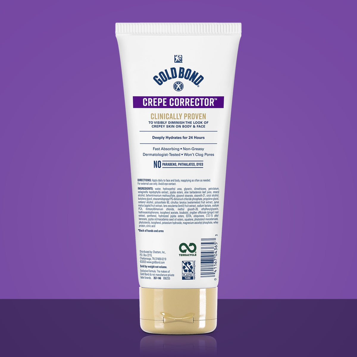 Gold Bond pump and label detail highlighting ingredient list for visible smoothing benefit