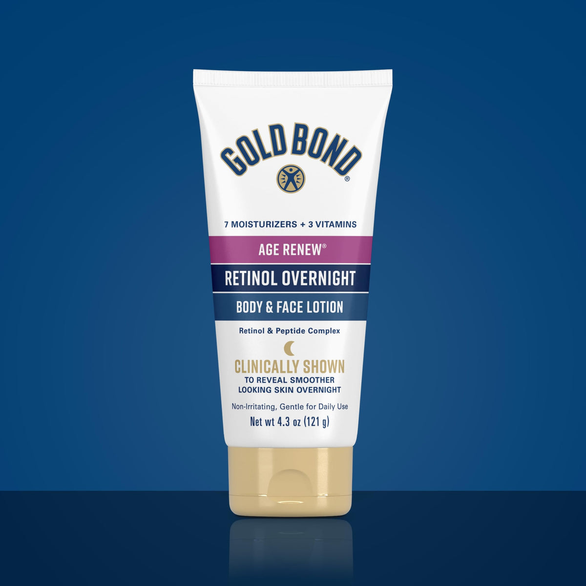 Gold Bond night lotion used on face in bedroom setting for restorative benefit