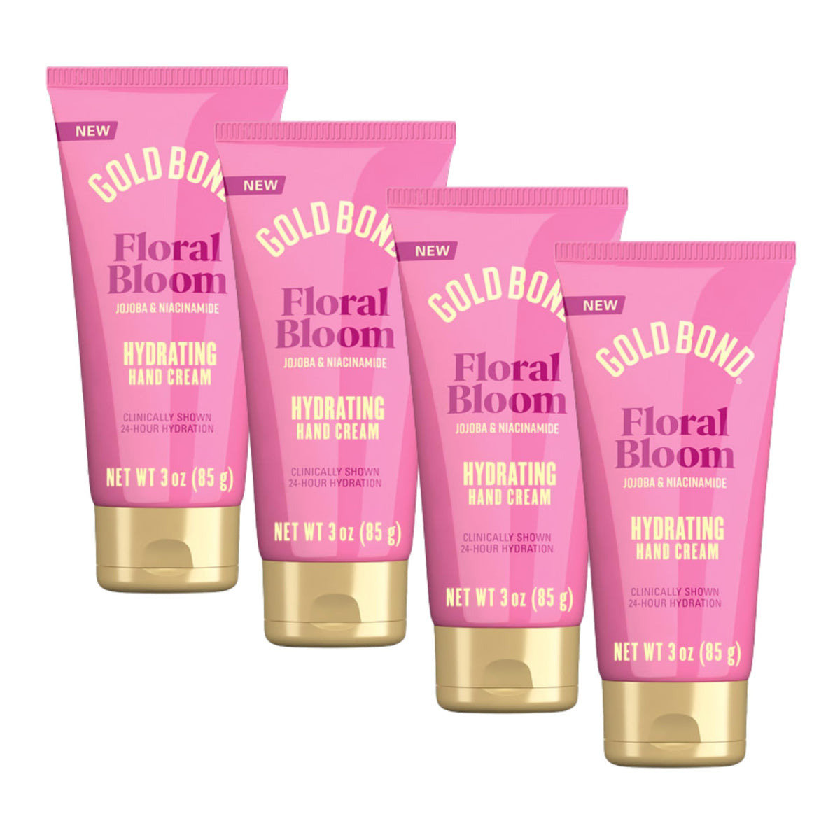 Gold Bond front packaging showing four 3 oz bottles and fragrance