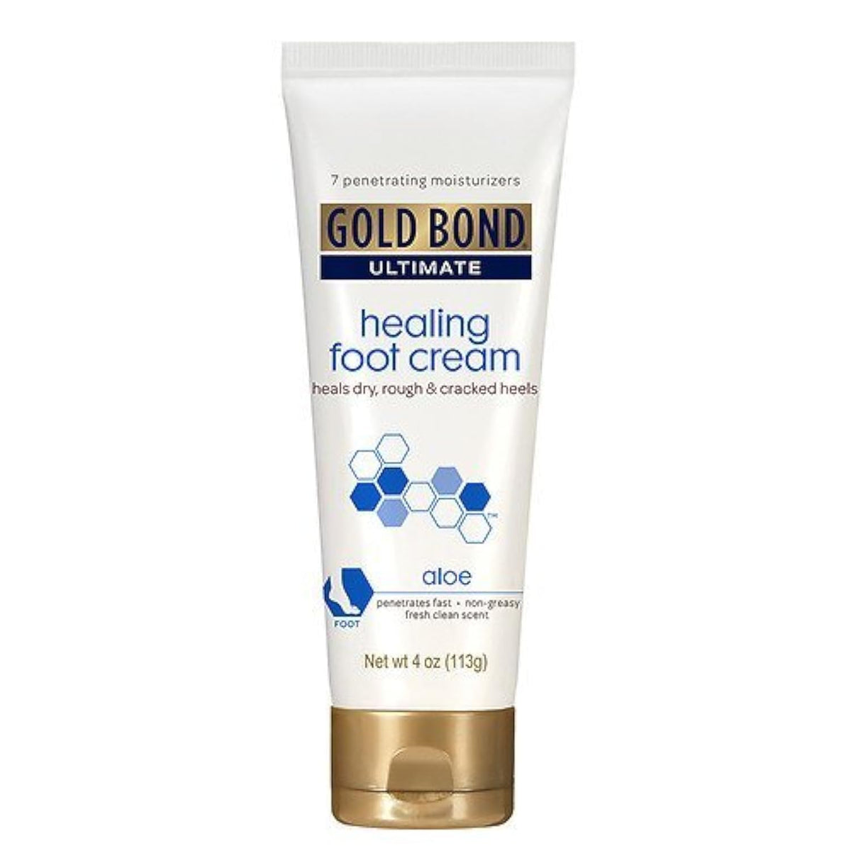 Gold Bond front packaging showing 4 oz tube, moisturizes and softens feet