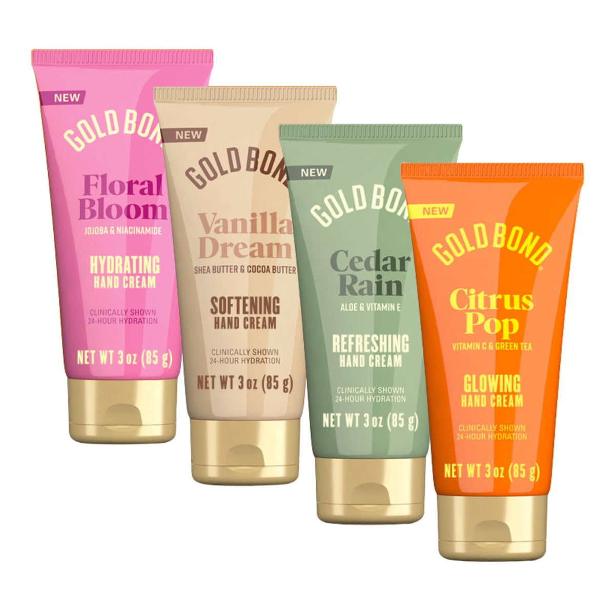 Gold Bond front packaging showing four 3 oz bottles and easy grab convenience