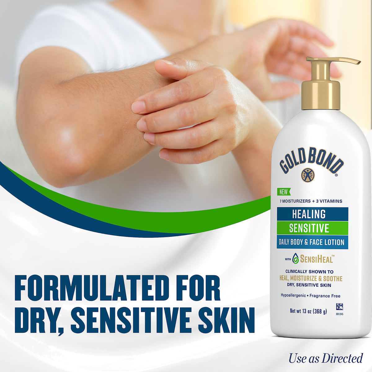 Gold Bond lotion being dispensed into hand demonstrating easy application