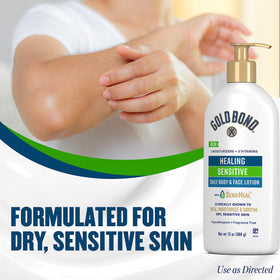 Gold Bond lotion being dispensed into hand demonstrating easy application