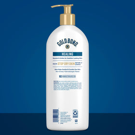 Gold Bond pump dispensing lotion demonstrating easy one-handed use benefit