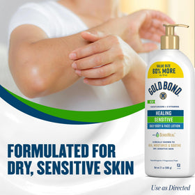 Gold Bond pump dispensing lotion into hand for fast easy application