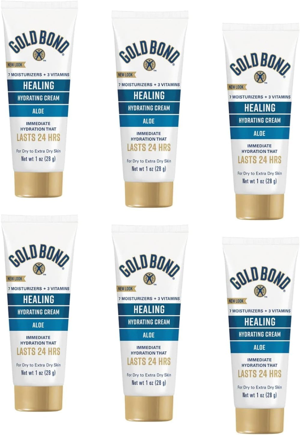 Gold Bond front packaging showing travel-size tubes and quick hydration benefit