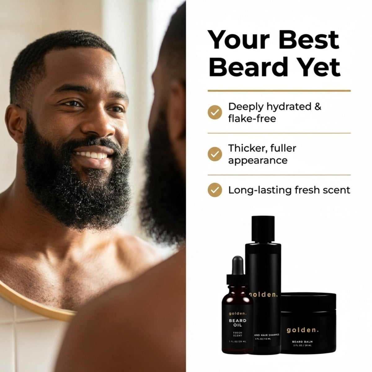 Golden Grooming Company man applying balm in bathroom to tame flyaways