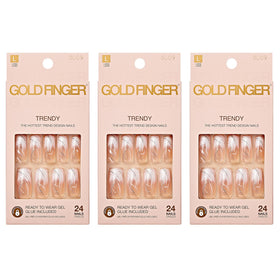 Goldfinger front packaging showing three long nail designs and included glue