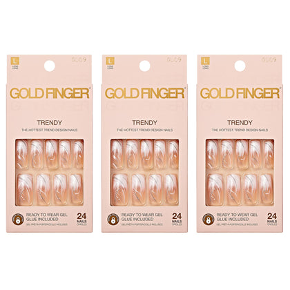 Goldfinger front packaging showing three long nail designs and included glue