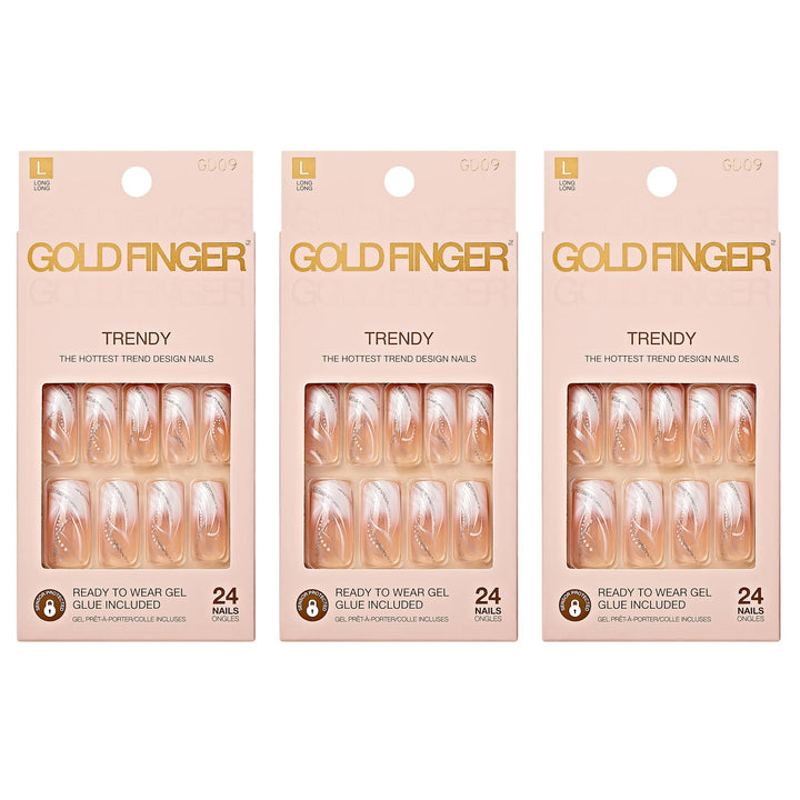 Goldfinger front packaging showing three long nail designs and included glue