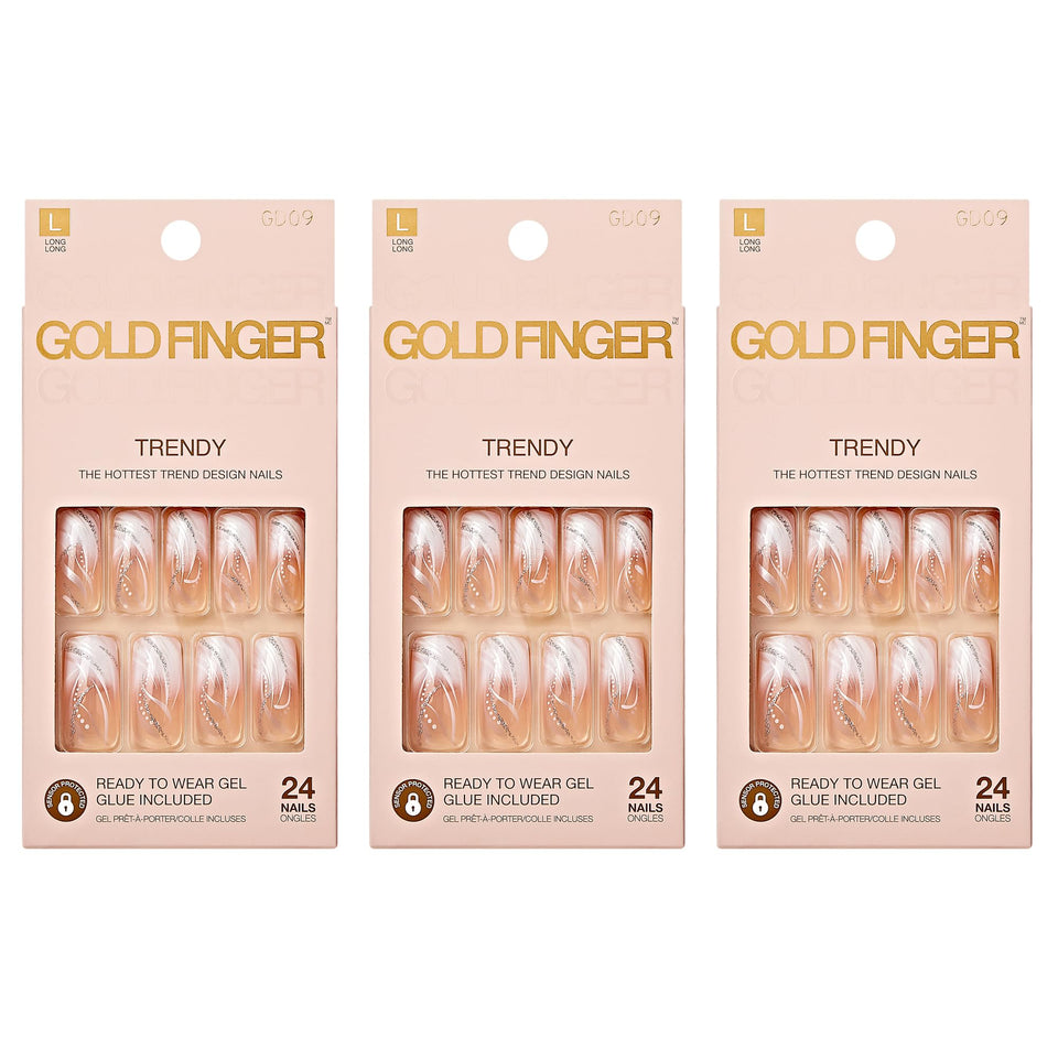 Goldfinger front packaging showing three long nail designs and included glue