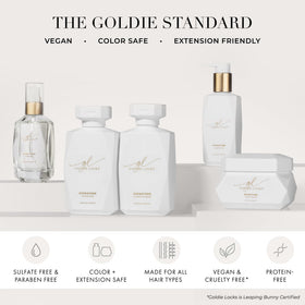 Goldie Locks marula oil and white truffle concept shot indicating shine and softness