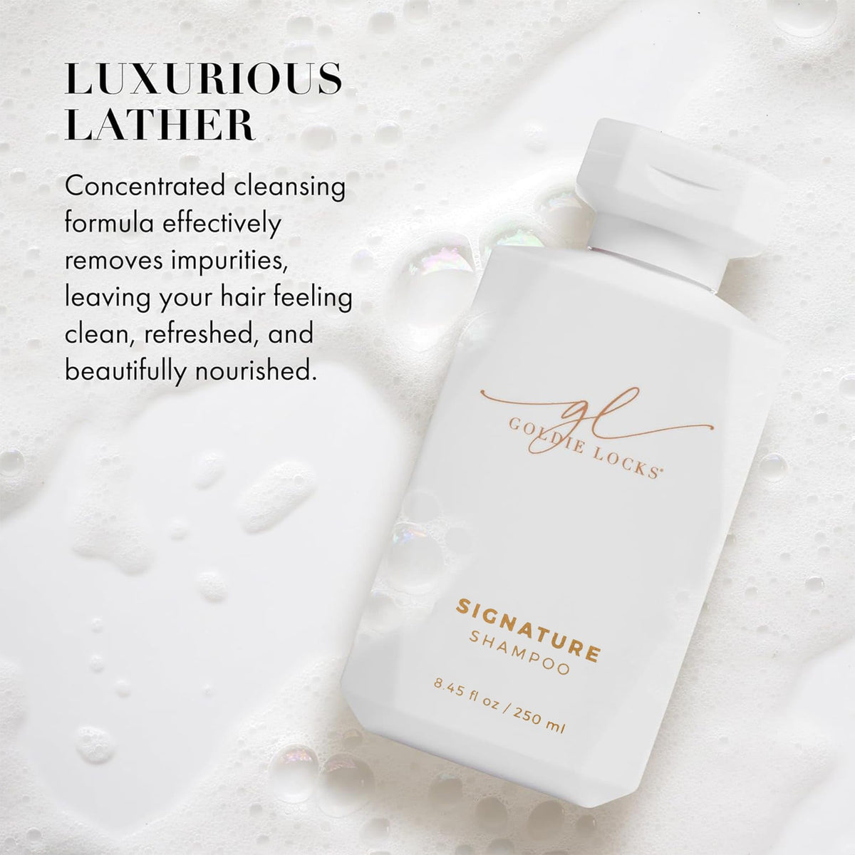 Goldie Locks marula oil and white truffle imagery showing shine boost