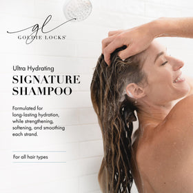 Goldie Locks shampoo texture being dispensed demonstrating gentle lather