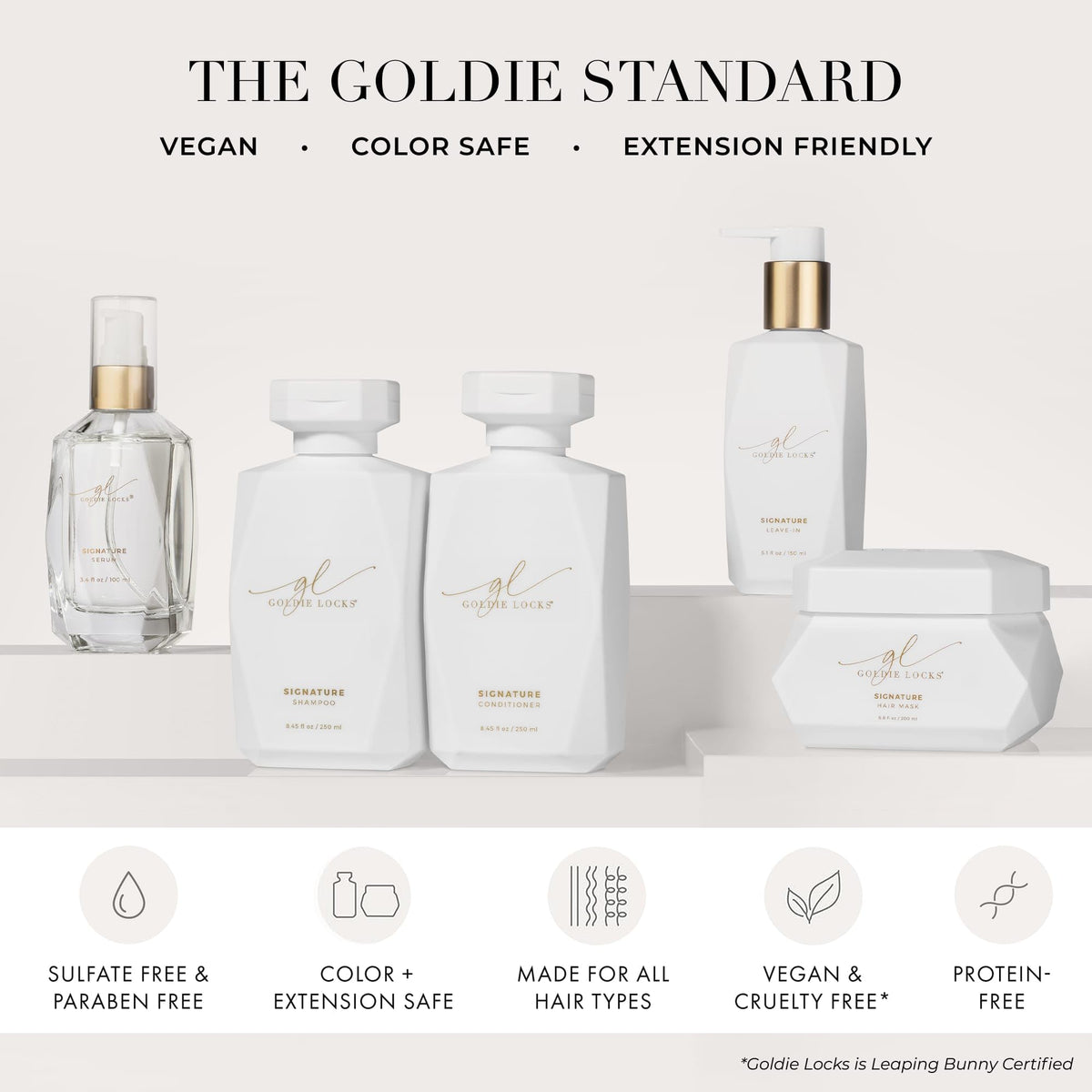 Goldie Locks bottle on bathroom counter styled in everyday vanity scene