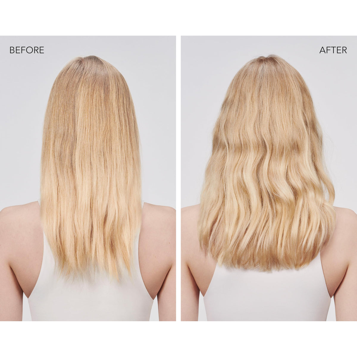 Goldwell before-and-after hair split showing reduced frizz and improved smoothness benefit