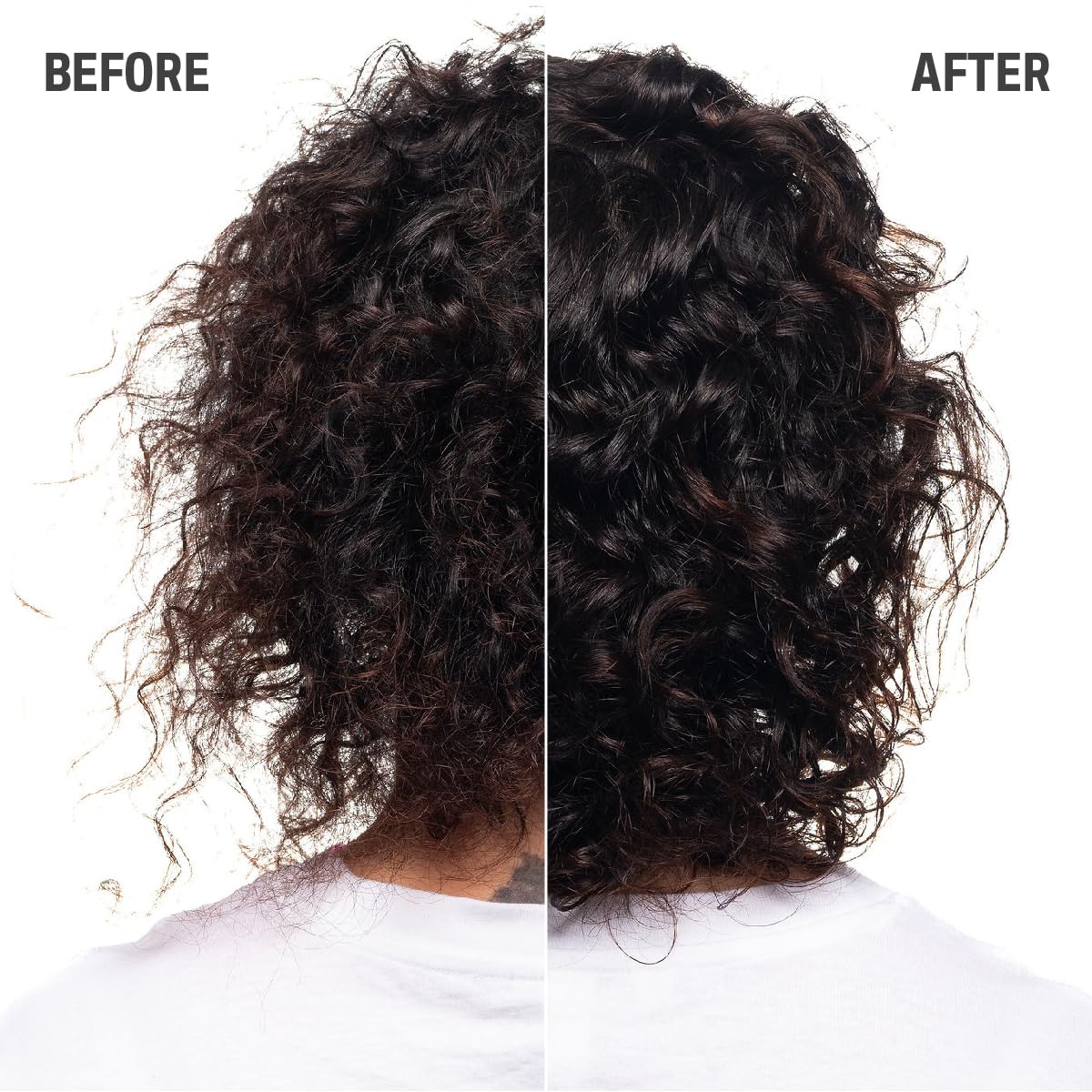 Goldwell before and after comparison highlighting improved curl definition