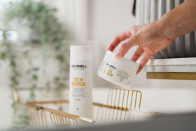Goldwell bottle beside German flag indicating brand origin and quality benefit