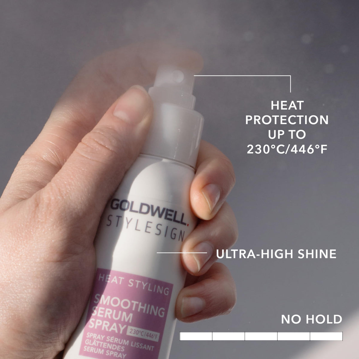 Goldwell close-up of nozzle and liquid texture, highlighting even mist and lightweight feel
