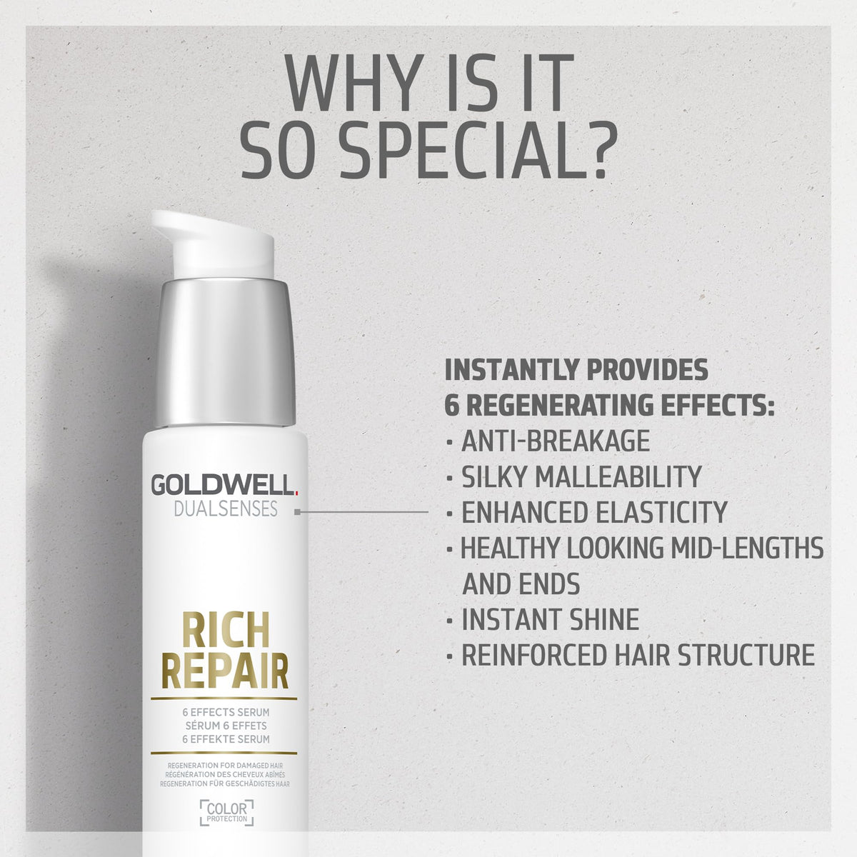 Goldwell serum applied to damp hair mid-lengths demonstrating detangling benefit