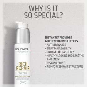 Goldwell serum applied to damp hair mid-lengths demonstrating detangling benefit
