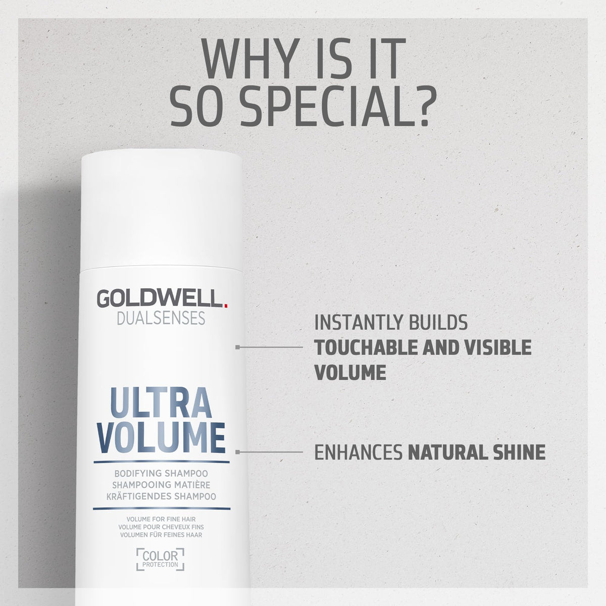 Goldwell 300mL bottle next to hand showing true size benefit