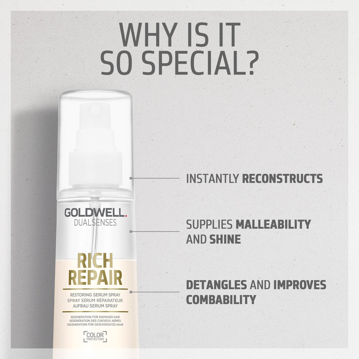 Goldwell spray being applied to towel-dried hair for detangling benefit
