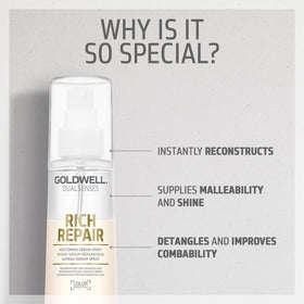 Goldwell spray being applied to towel-dried hair for detangling benefit