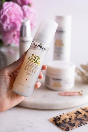 Goldwell bottle beside styling tools showing heat-protection and styling ease