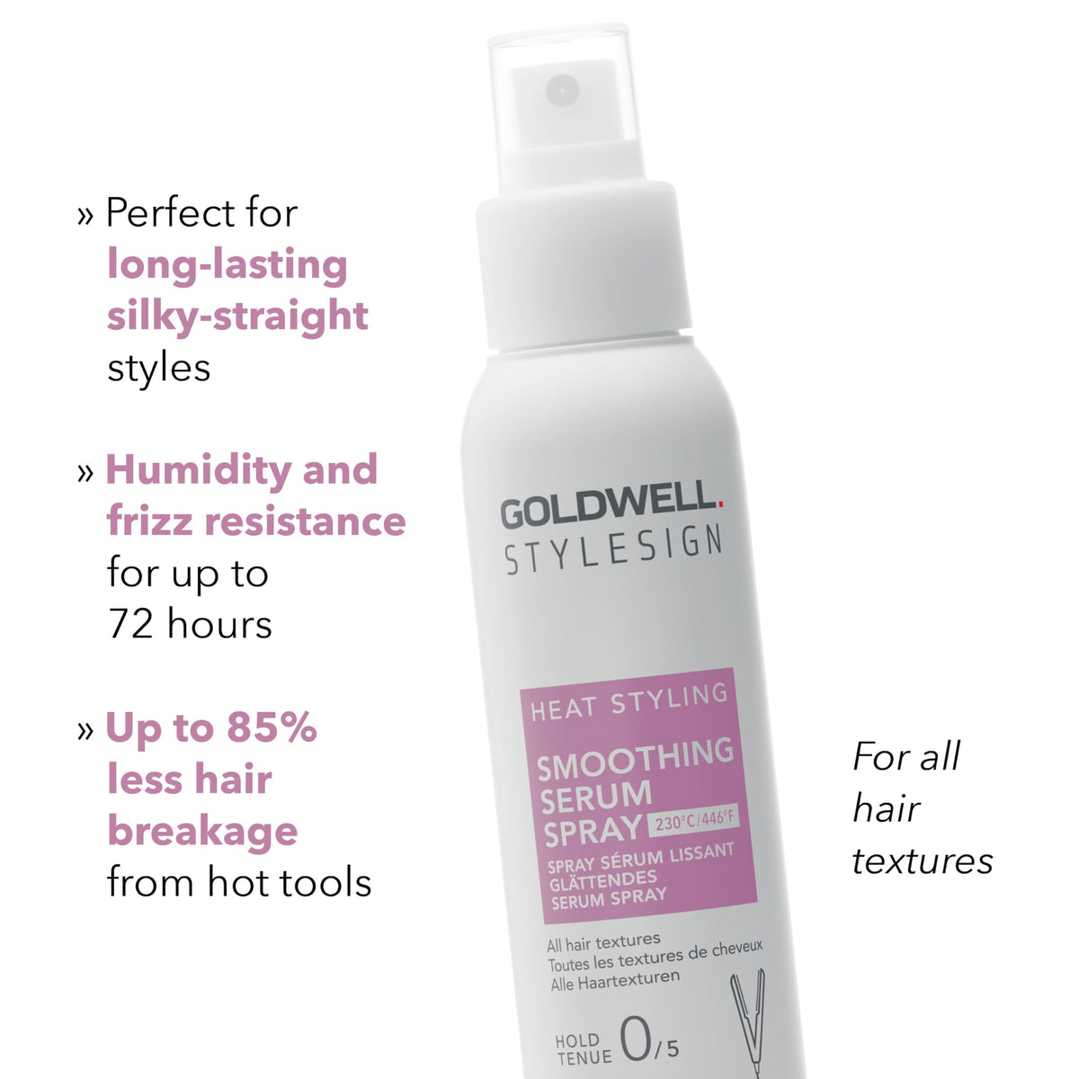 Goldwell spray being used before flat-iron, protecting hair and improving glide