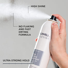 Goldwell hairspray being sprayed on styled hair to show strong hold in action