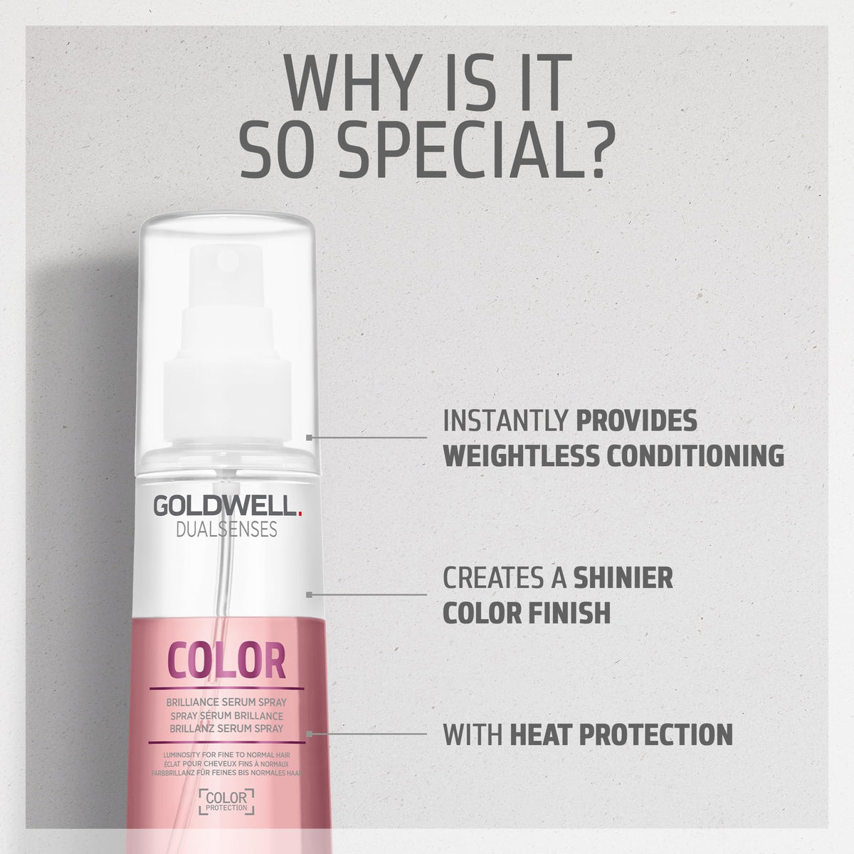Goldwell Dualsenses mist spraying onto hair, illustrating instant detangling and shine