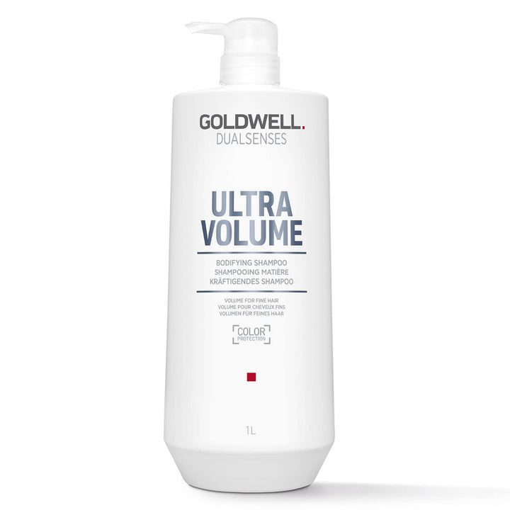 Goldwell bottle front packaging showing volume shampoo and 1L size benefit