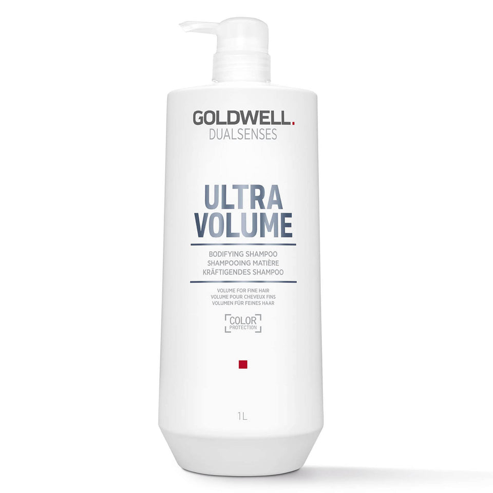 Goldwell bottle front packaging showing volume shampoo and 1L size benefit