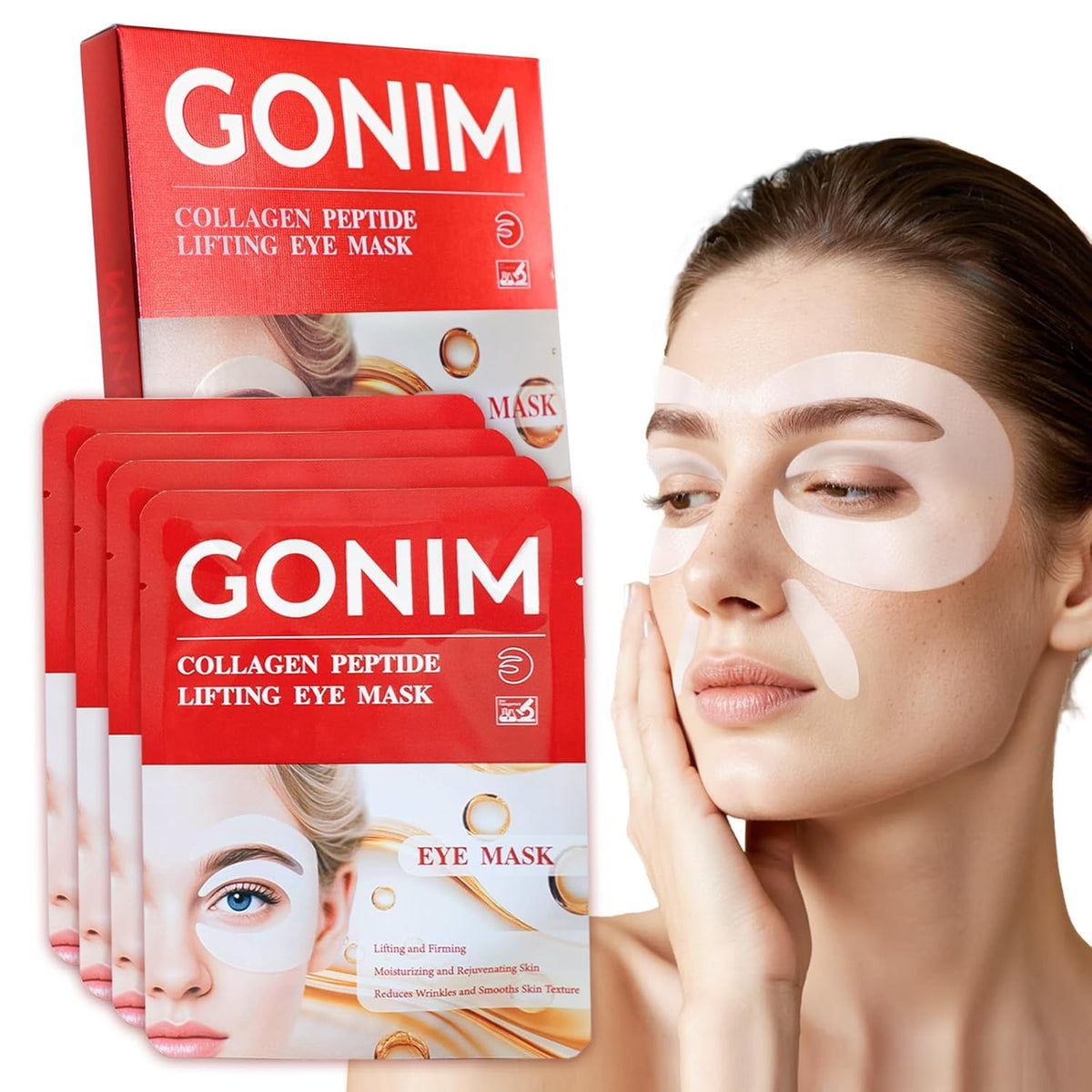 GONIM front packaging showing E-shaped hydrogel patches and benefits
